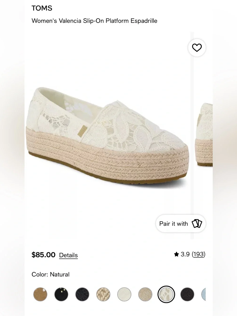 Toms White Lace Espadrille Platform Slip-Ons White Floral Crochet